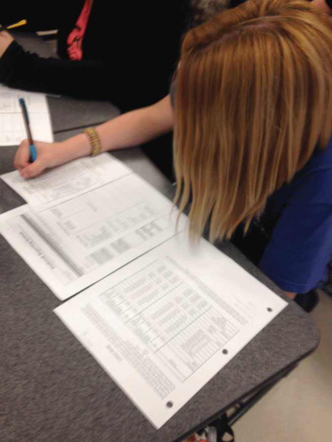 Bryanne Barnes records her math in her Outbreak Lab Notebook for her Zombie apocalypse project on May 18. She did this to find out how many people would be affected, and what kind of vaccine would be needed in a theoretical outbreak. “I liked when we could figure out the percentages of the sick and those who were not,” Barnes said.