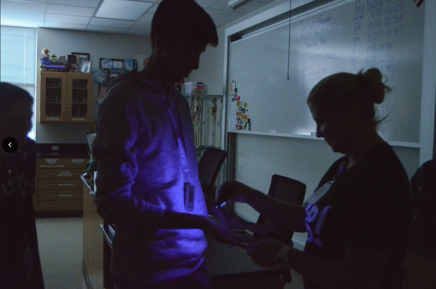 Cheryl Clemmons teaches Pedro Nóbrega and his classmates about black lights. 
