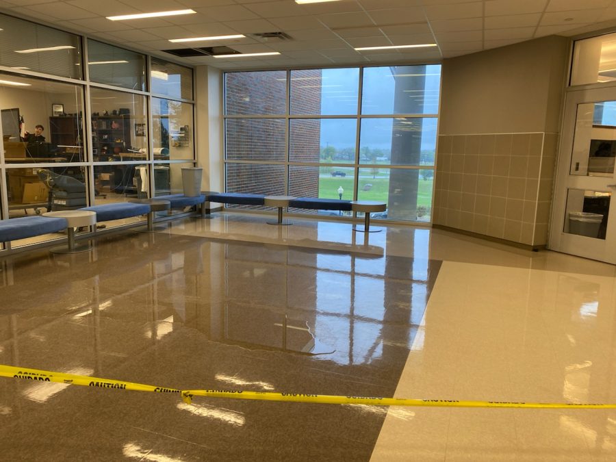 A picture taken outside of the media room where the water from the leak had ran from the room out into the hallway.

Photo provided by Avery Myers