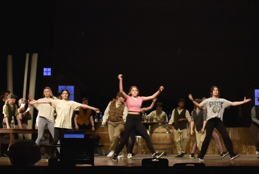 During their first all-day rehearsal, the Belles dance along with the ensemble. The team was recruited to help in Fiddler on the Roof as extra dancers.