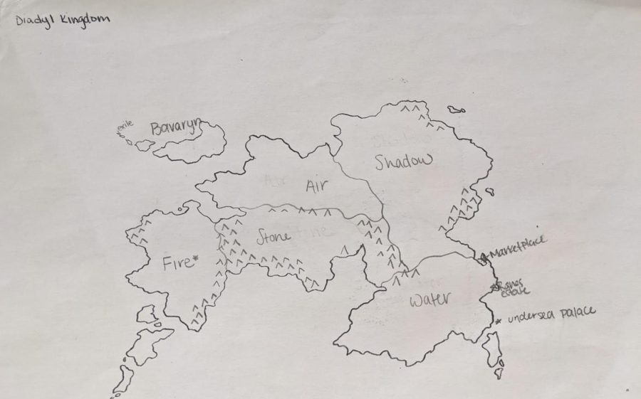 Depicting the world she wishes to create, Whitney Flach (12) sketches a map to use while writing her novel. The book started in January of this year, and Flach has already planned for the future. “I intend to let Kate [Maddison (12)] read it because she’s an editor and stuff, Flach said, so I want her to look over it and see if there’s something she would change.”

Photo provided by Whitney Flach (12).